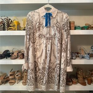 Anna Sui for Target Cream and Taupe Long-Sleeve Collared Dress